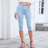 Summer New Fashionable Casual High-Stretch Washed Denim Mid-Length Pants for Women S