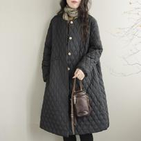 Women's Round Neck Long Sleeve Midi Quilted Coat Loose Fit Japanese Casual Solid Color Single Breasted Cotton Padded Jacket Winter Outerwear M