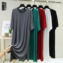 Women's Crew Neck Half Sleeve Midi Dress Loose Fit High Waist Modal Side Split Big Swing Solid Casual Summer Plus Size Long Dress L