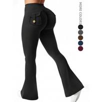 Spring Summer Women's Black High Waist Flare Leggings Ruched Butt Lift Pants With Pockets S juoda