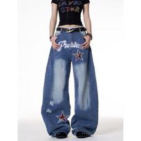 New letter and star embroidered gradient wide-leg jeans for women, loose, casual, versatile, textured, floor-length pants S