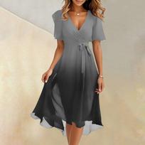 Women’s Short Sleeve V Neck Gradient Midi Dress With Flowing Hem Lightweight Fabric For Everyday Wear L