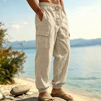 Men Drawstring Elastic Waist Multi Pocket Cargo Jogger Linen Pants Multiple Colors Available S