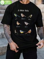 Casual Cotton Tshirt with Bird Illustrations - I Like Tit... XXXXL