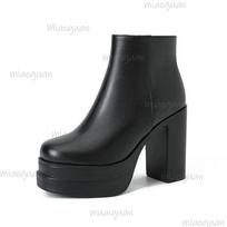 Chunky Heel Black Ankle Boots Women's Fashion Platform Thick Sole Leather Short Boots Casual Autumn Winter Combatable Booties 35