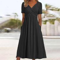 Women's V Neck Short Sleeve Midi Dress Casual Cross Ruched Empire Waist A Line Long Dress With Side Pockets Summer Daily Wear S