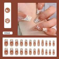 Milk apricot flower edge French bow blush taro flower nail art patch removable wearable nail 24 pieces
