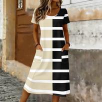 Women's Casual Loose Round-neck Short-sleeved Pocketed Mid-length Dress L
