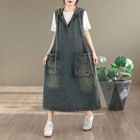 Women's Loose Fit Sleeveless Denim Hooded Midi Dress with Pockets L