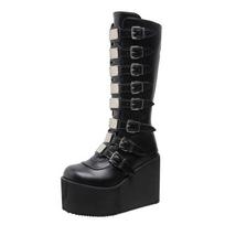 2026 New Women's Boots Fashion Platform Leather Knight Boot Cosplay Punk Shoes Gothic Classic Ladies Black Heels Knee-High Shoes 35