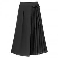 Women's Elastic Waist Wide Leg Pants Loose Fit Casual Culottes Pleated Chiffon Skirt Trousers With Side Bow Tie M