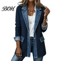 Loose Fit Layering Women Denim Patchwork Jacket, Fall Winter Collared Button Long Down Jacket Sleeve Jean Blazer Coat for Daily Office Wear M
