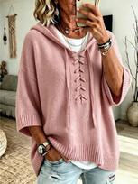 Plus Size - Women'S Casual Cute Hooded Sweatshirt, Short Batwing Sleeve, Mid-Sleeve Cardigan, Buttoned Jacket, Outerwear, Soft, Warm Sweater S
