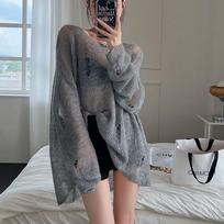 Lazy Style Gray Ripped Hollow Out Boat Neck Knit Sun Protection Cardigan Spring and Summer Loose Versatile Thin S