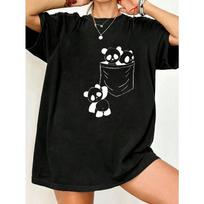 Oversized T Shirt Black Panda Bear Print Pocket Design Casual Wear For Women Summer Outfit Streetwear Style Comfortable Loose Fit Top S