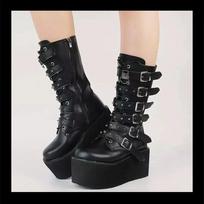 Punk Style Women's Boots Classic Black Gothic Boots Fashion Patent Leather Mid-calf Boot Wedges Platform Boots Motorcycles Botas 35