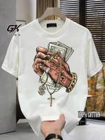 Taste Fun Print with Banknotes in Hand 100 Cotton Trendy Brand Crew Neck Short Sleeve Loose Large Size and Versatile Tshirt S