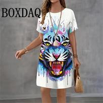 2026 Fashion Tie Dye Cute Cat Print Dresses For Women Summer Casual Short Sleeve Loose Dress Street Elegant Ladies Dress S