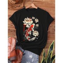 Womens Japanese Koi Lotus Vintage Art Print T Shirt Y Size Multi Lotus Crew Neck Short Sleeve Spring Summer Casual Top S