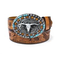 Western Denim Belt Bull Head Large Board Buckle Retro Men'S Punk Leather Belt S size (length 110cm, width 2.7cm)