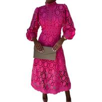 Moteriška pavasario vasaros suknelė stovi apykaklė ilgomis rankovėmis tuščiaviduriai nėriniai vienspalviai dvisluoksnė retro aukšto juosmens išleistuvių suknele vakarėliui į darbą ir atgal XL rožinė raudona spalva