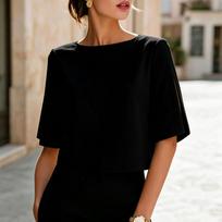 Women's Casual Loose Round-neck Slit Mid-sleeve Short Pullover Top L