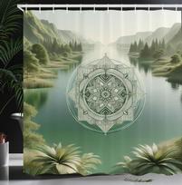 Mandala Nature Shower Curtain With Mountain Lake And Green Forest Zen Art Design Water Resistant Fabric Spiritual Home Decor T W60H190(CM)-1 Pcs