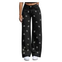 Yousheng Girl's Bow Cherry Print Baggy Jeans, Wide Leg Mid Waisted Denim Pants, Zipper Fly Elastic Casual Jeans Streetwear with S