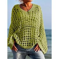 Loose Casual Versatile Hollowed Out Long-sleeved Large Size Women's Knit Sweater Sun Shirt Spring Summer Casual Outerwear S