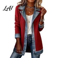 Comfortable Patchwork Jacket Women Denim Jacket Fall Winter Collared Button Long Sleeve Jean Blazer Coat for Daily Office Wear Down M