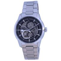 „Bulova Classic Skeleton“ juodo ciferblato nerūdijančio plieno automatinis vyriškas laikrodis 96A208 juoda