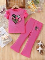 Girls' Summer Short Sleeve Top & Long Pants Set - Trendy & Lightweight 110 cm