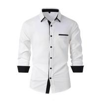 Men Contrast Black Trim Pocket Full Button Long Sleeve White Dress Shirt S