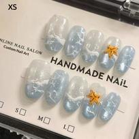 Handmade Press On Nails Summer Wave Ripple Starfish Full Coverage Nail Tips For Women&Girl Detachable Wearable Nail Art A4 gray