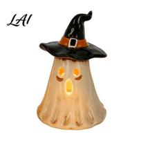 Cozy Halloween Party Supplies Witch Hat Ghost Tealight Candle Holder Vintage Resin Tabletop Decor Rustic Pastoral Theme Ornaments with Warm Glow for A