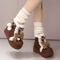 Lovely Girls Lolita Winter Warm Snow Boots,Students Sweet Plush Bowknots PU Leather Lace Up Heightening Mid-Calf Platform Shoes 35