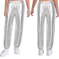 Kids Girls Dance Pants Glossy Metallic High Waist Hip Hop Trousers Streetwear Sweatpant 5-6 Years