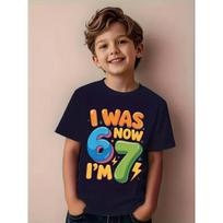 European sizes 7th Birthday T-Shirt - Fun  I'm 6, Now I'm 7  Number 67 Design with Balloons and Confetti - Soft, Breathable Crewneck Casual Tee 98cm