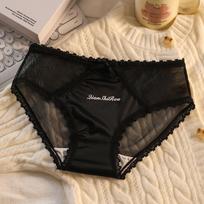 Ice Silk Seamless Mid-Waist French Satin Women's Panties - Sexy, Antibacterial Cotton Crotch, Hollow Design L (121-143 lbs)