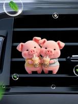 2pc Cute Piglet Drinking Bubble Tea Acrylic Car Air Vent Clip Fragrance Diffuser, Car Air Freshener Vent Clip, Car Interior Decor 2PC rožinė