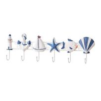 Beach Wooden Wall Hook Summer Ocean Theme Towel Rack with 6 Hooks for Bathroom Bedroom Kitchen Decorative Organizer for Coats Aprons Hats A