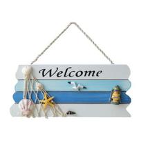 Beach Welcome Sign for Front Door Summer Ocean Wood Plaque Rustic Door Hanger with Starfish Shells for Farmhouse Outdoor Porch Decor