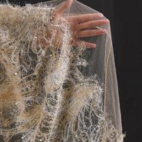 Wide 145cm Feather Fringe Sequins Embroidered Tulle Fabric Sheer Mesh for Wedding Dresses Evening Gowns Designer Clothing 50X145CM