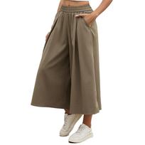 Women S Loose Fit Wide Leg Culottes Elastic Waist Cropped Pants Pockets S