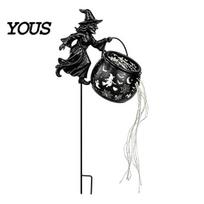 Illuminated Outdoor Seasonal Decor Halloween Witch Cauldron Garden Light, Metal Yard Stake with LED String Pot Ornament Lights, Waterproof Statue for A