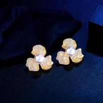 Needle Elegant Temperament Premium Earrings Full Diamond Petals Zircon Inlaid Flowers Pearl Stud Earrings