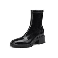 2024 New Winter Women Boots Round Toe Chunky Boots Split Leather Wool Boots 2024 Fashion Snow Boots Warm Boots Black Women Shoes 34