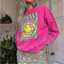Nirvana Smiley Face Crewneck Sweatshirt, Classic Rock Band Merch, Unisex Oversized Pullover Hoodie with Heliconia Print S