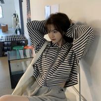 Hooded Striped Lazy Short Jacket and Sweatshirt for Female In Autumn Korean Style Students Oversized and Versatile Long-sleeved  Practical Use M