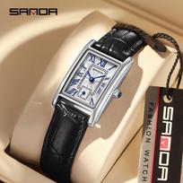 SANDA Top Brand Fashion Elegant Design Rectangle Dial Water Resistant Leather Quartz Movement Business Dress Women Watch New Hot